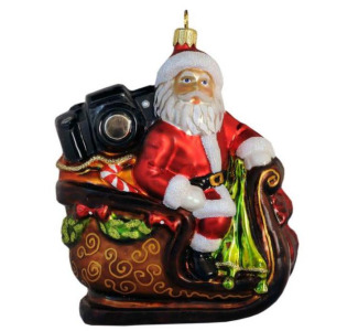 Santa with Camera in Sleigh - Hand Crafted Glass Ornament