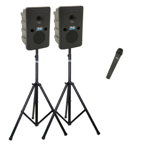 Go Getter COMP 1 Sound System: Go Getter Pair (U2, COMP), 1 (WH-LINK) wireless mic, speaker cable   stands