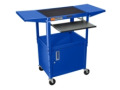 24 - 42" Adjustable Height Steel AV Cart with Pullout, Cabinet and Drop Leaf Shelves, Blue