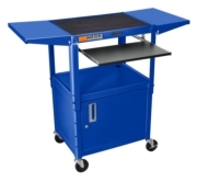 24 - 42" Adjustable Height Steel AV Cart with Pullout, Cabinet and Drop Leaf Shelves, Blue image