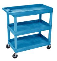 32" x 18" High Strength Plastic Tub Cart with 4" Casters, 3 Shelves, Blue image
