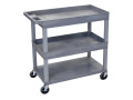 32" x 18" High Strength Plastic Tub Cart with 4" Casters, 2 Tub/1 Flat Shelves, Gray