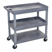 32" x 18" High Strength Plastic Tub Cart with 4" Casters, 2 Tub/1 Flat Shelves, Gray image