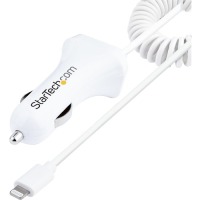 StarTech.com Lightning Car Charger with Coiled Cable, 1m Built-in Cable, 12W, White, 2 Port USB Car Charger Adapter, In Car iPhone Charger image