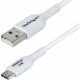 USB-A to USB-C Charging Cable supports 15W/3A Fast Charge and 480Mbps; Connect to a USB-A charger/power bank/hub; Works w/portable USB-C devices; Color: White; O.D.: 3.0mm; Jacket: TPE w/Braided Shield; NOTE: No USB-C video (DP Alt Mode) support