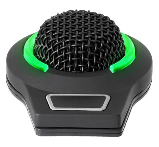 Omnidirectional condenser boundary microphone with self-contained power module, RGB LED ring (7 selectable colors + OFF) indicates mute status, Logic I/O, phantom power only, 5-pin, black