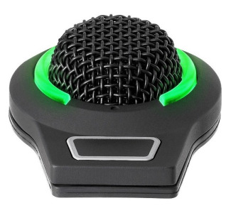 Cardioid condenser boundary microphone with self-contained power module, RGB LED ring (7 selectable colors + OFF) indicates mute status, phantom power only, for table or panel mount applications, 3-pin, black