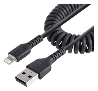 StarTech.com 1m (3ft) USB to Lightning Cable, MFi Certified, Coiled iPhone Charger Cable, Black, Durable TPE Jacket Aramid Fiber
