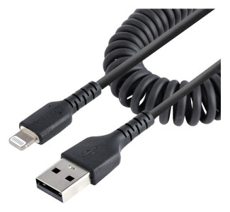 StarTech.com 50cm/20in USB to Lightning Cable, MFi Certified, Coiled iPhone Charger Cable, Black, Durable TPE Jacket Aramid Fiber