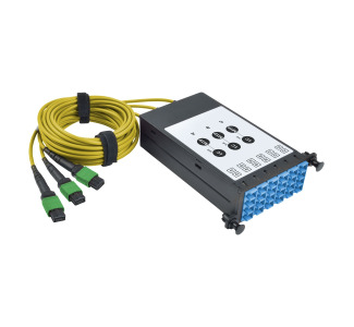 40/100Gb Fiber Breakout Cassette with Built-In MTP Cables, 40Gb to 4 x 10Gb, 100Gb to 4 x 25Gb, (x3) 8-Fiber Singlemode MTP/MPO to (x12) LC Duplex 8.3/125