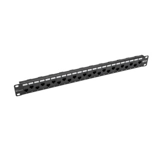 24-Port 1U Rack-Mount Cat5e/6 Offset Feed-Through Patch Panel with Cable Management Bar, RJ45 Ethernet, TAA