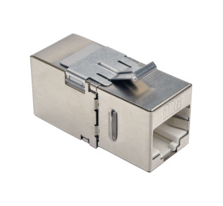 Cat6a Straight-Through Modular Shielded In-Line Snap-In Coupler with 90-Degree Down-Angled Port (RJ45 F/F), TAA