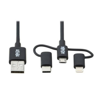 6 ft Universal USB-A to Lightning, USB Micro-B and USB-C Sync/Charge Cable, Black