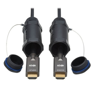 High-Speed Armored HDMI Fiber Active Optical Cable (AOC) with Hooded Connectors - 4K @ 60 Hz, HDR, IP68, M/M, Black, 100 m