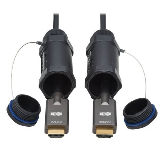 High-Speed Armored HDMI Fiber Active Optical Cable (AOC) with Hooded Connectors - 4K @ 60 Hz, HDR, IP68, M/M, Black, 70 m