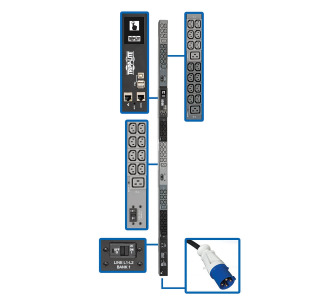 14.5kW 3-Phase Monitored PDU, LX Interface, 208/240V Outlets (42 C13/6 C19), LCD, IEC 309 60A Blue, 3m/10 ft. Cord, 0U 1.8m/70in. Height, TAA