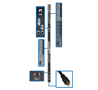 10kW 3-Phase Switched PDU, LX Interface, 208/240V Outlets (24 C13/6 C19), LCD, NEMA L15-30P, 3m/10 ft. Cord, 0U 1.8m/70 in. Height, TAA