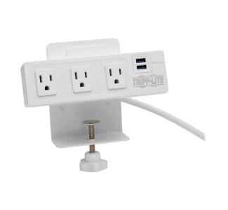 3-Outlet Surge Protector with 2 USB Ports, 10 ft. Cord  510 Joules, Desk Clamp, White Housing