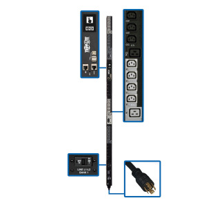 10kW 3-Phase PDU, Vertical, Switched, 0U, 24 IEC C13, 6 IEC C19 to L21-30P - 6 ft. Cord, LX Platform, TAA