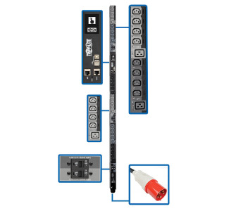 27.7kW 3-Phase Switched PDU, LX Platform Interface, 220/230V Outlets (24 C13/6 C19), Touchscreen LCD, IEC 309 63A Red 380/400V, 0U, TAA