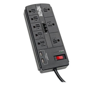 8-Outlet Surge Protector with 2 USB Ports (2.1A Shared) - 8 ft. Cord, 1200 Joules, Tel/Modem, Black