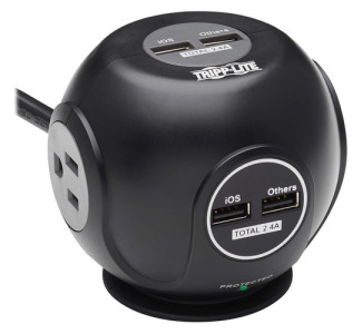 Safe-IT 3-Outlet Spherical Surge Protector, 5-15R Outlets, 4 USB Charging Ports, 8 ft. (2.4 m) Cord, Antimicrobial Protection