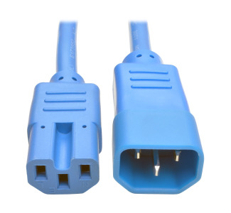 IEC C14 to IEC C15 Power Cable - Heavy Duty, 15A, 100-250V, 14 AWG, 2 ft., Blue