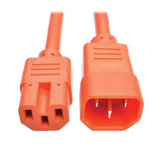 IEC C14 to IEC C15 Power Cable - Heavy Duty, 15A, 100-250V, 14 AWG, 2 ft., Orange