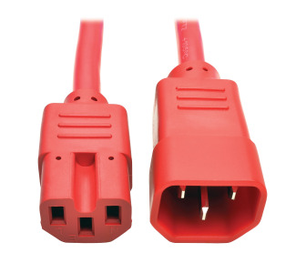 IEC C14 to IEC C15 Power Cable - Heavy Duty, 15A, 100-250V, 14 AWG, 2 ft., Red