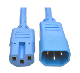 IEC C14 to IEC C15 Power Cable - Heavy Duty, 15A, 250V, 14 AWG, 3 ft., Blue