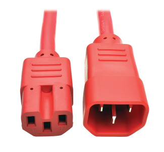 IEC C14 to IEC C15 Power Cable - Heavy Duty, 15A, 250V, 14 AWG, 3 ft., Red