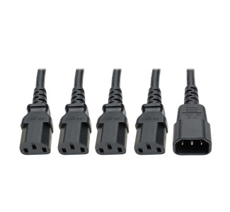 C14 Male to C13 Female Splitter, PDU Style - C14 to 4x C13, 10A, 100250V, 18 AWG, 18 in., Black