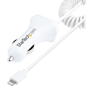 StarTech.com Lightning Car Charger with Coiled Cable, 1m Built-in Cable, 12W, White, 2 Port USB Car Charger Adapter, In Car iPhone Charger