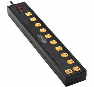Tripp Lite Protect It! 10-Outlet Surge Protector with Swivel Light Bars - 5-15R Outlets, 2 USB Ports, 6 ft. (1.8 m) Cord, 1350 Joules, Black