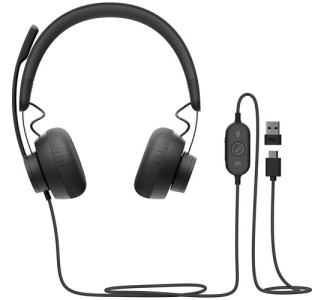 Logitech Zone 750 Wired On-Ear Headset with advanced noise-canceling microphone, simple USB-C and included USB-A adapter, plug-and-play compatibility for all devices