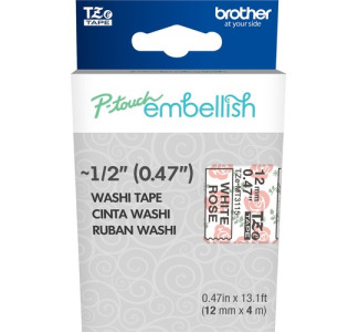 Brother P-touch Embellish Black on White Rose Washi Tape 12mm (~1/2