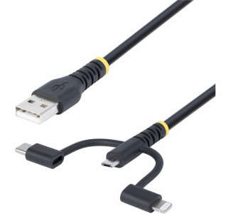 StarTech.com 3.3ft (1m) Rugged USB Multi Charging Cable, USB to Lightning/Micro-USB/Type-C, Apple MFi, Aramid Jacket, 3-in-1 Charger Cord