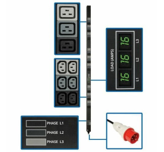 Eaton Tripp Lite Series 11.5kW 3-Phase Local Metered PDU, 208-240V (36 C13 & 9 C19), IEC-309 16/20A Red, 360-415V Input, 6 ft. (1.83 m) Cord, 0U Vertical, TAA