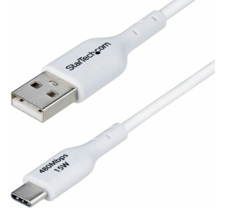 USB-A to USB-C Charging Cable supports 15W/3A Fast Charge and 480Mbps; Connect to a USB-A charger/power bank/hub; Works w/portable USB-C devices; Color: White; O.D.: 3.0mm; Jacket: TPE w/Braided Shield; NOTE: No USB-C video (DP Alt Mode) support