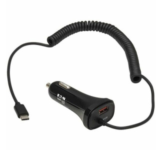 Eaton Tripp Lite Series Dual-Port USB Car Charger with 30W Charging - USB-C (18W) QC 3.0, USB-A (12W), Coiled 6 ft. (1.83 m) USB-C Cable, Black