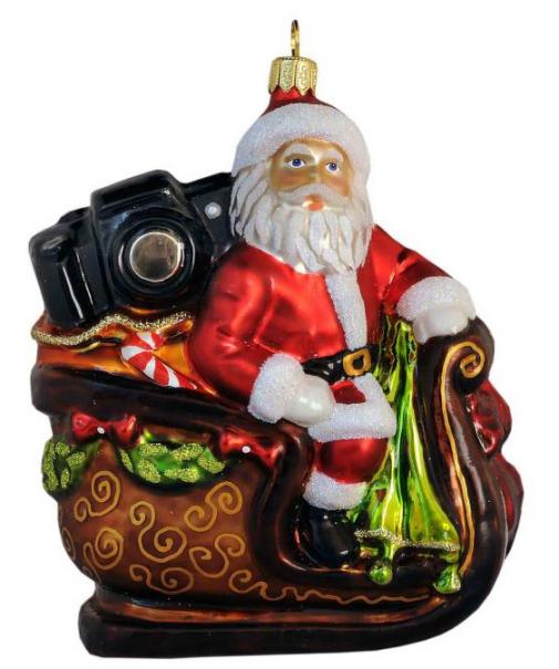 Santa with Camera in Sleigh - Hand Crafted Glass Ornament